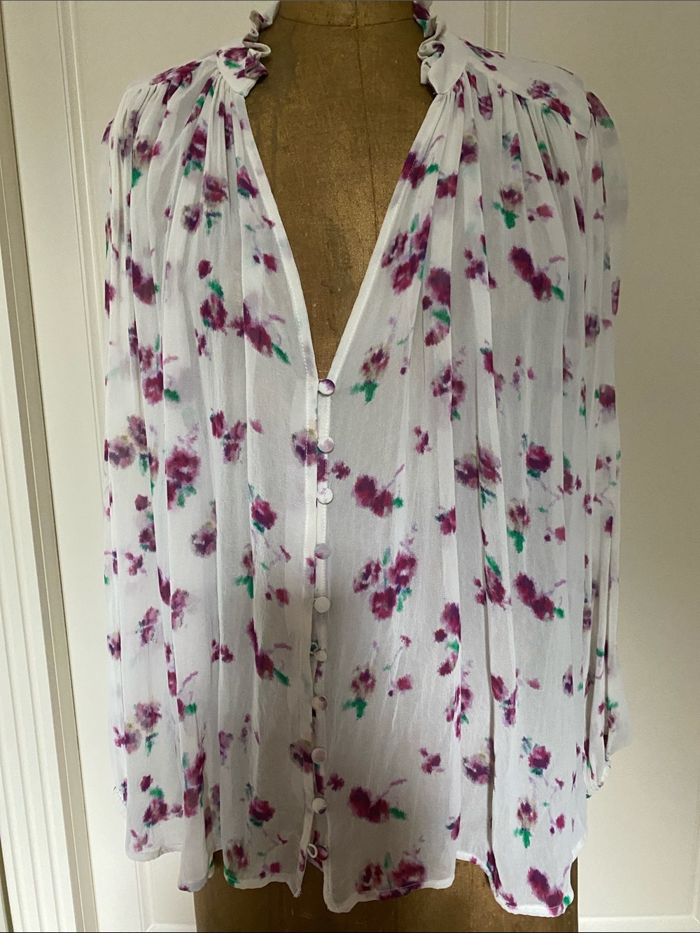 Anthropologie White Blouse with Purple Floral Print